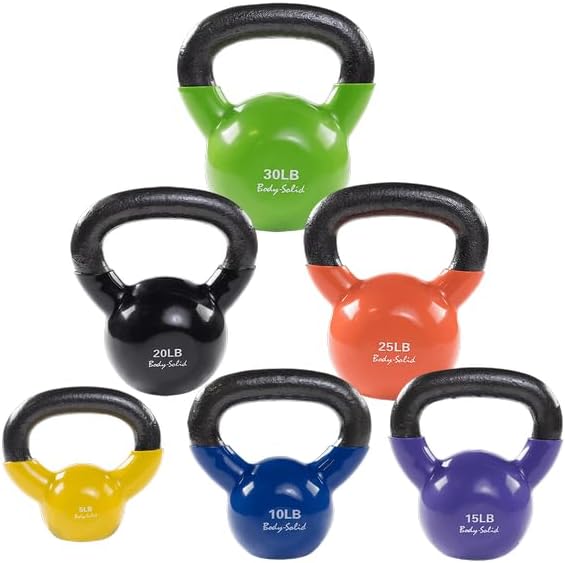 Vinyl Coated Kettle Bells Set One Each 5,10,15,20,25,30, w GDKR50 Body Solid