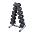 The Body-Solid GDR44B Vertical Dumbbell Rack has a unique two-tier design that can hold up to 6 pairs of hex dumbbells up to 35 lbs. The rack's levels are offset, providing easy access to the dumbbells.
