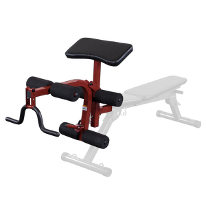The BFPL10 Preacher Curl/Leg Curl accessory eliminates stress on the elbows while allowing full range-of-motion
