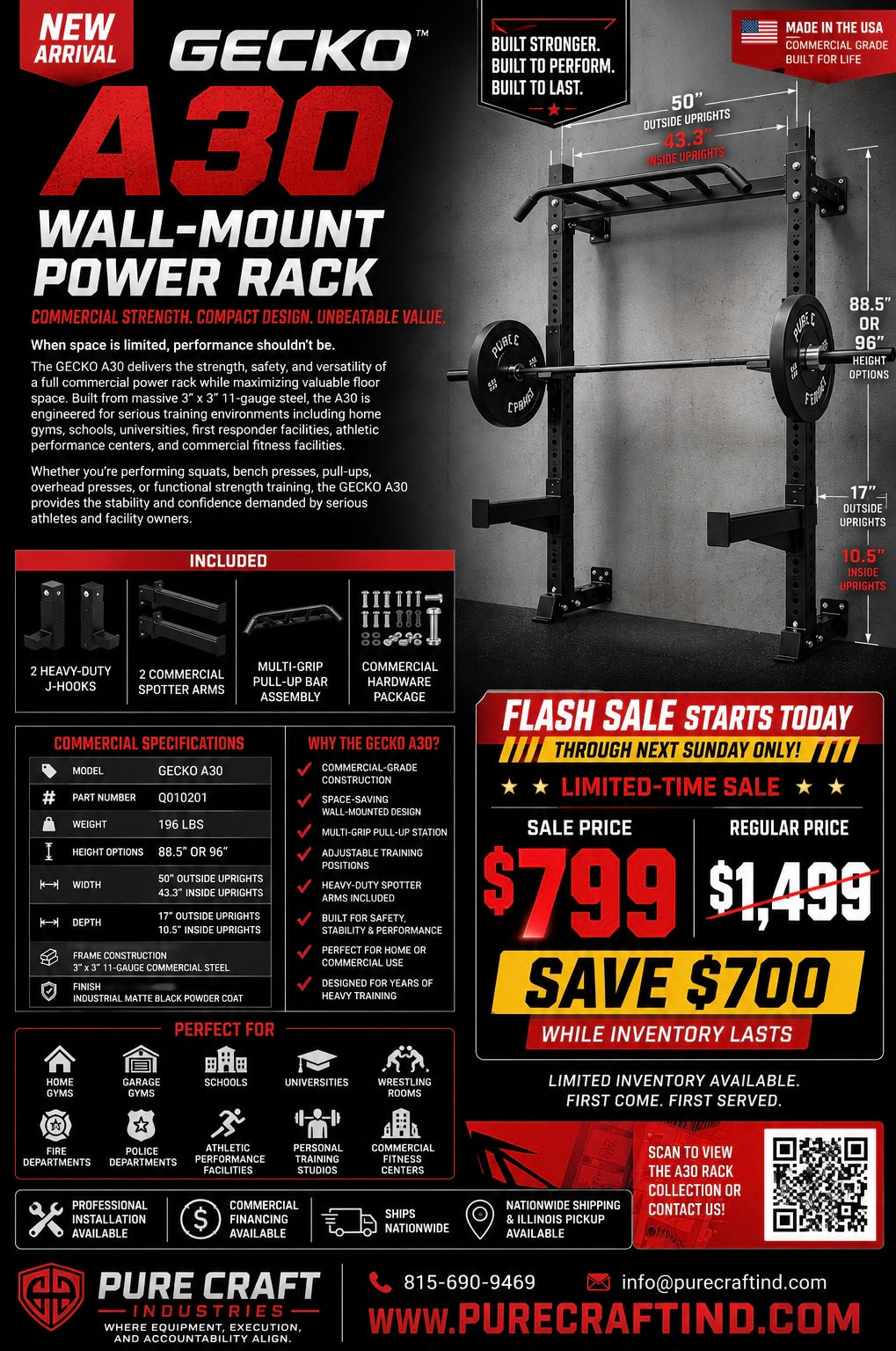 GECKO A30™ WALL-MOUNT POWER RACK COMMERCIAL STRENGTH. COMPACT DESIGN. UNBEATABLE VALUE.