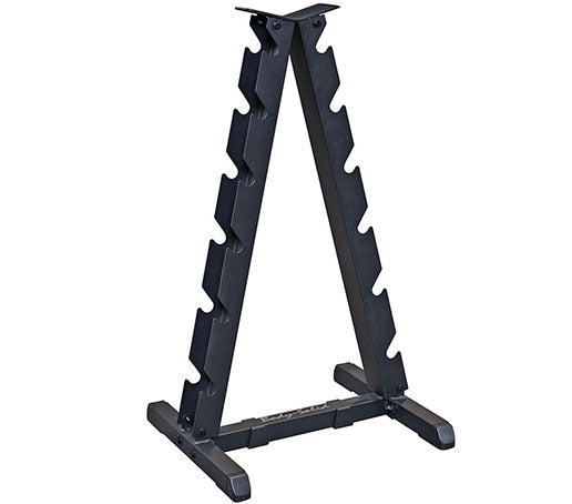 The Body-Solid GDR44B Vertical Dumbbell Rack has a unique two-tier design that can hold up to 6 pairs of hex dumbbells up to 35 lbs. The rack's levels are offset, providing easy access to the dumbbells.