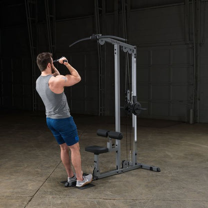 Body-Solid (GLM83) Pro LAT Machine with Low Row Bar - Multi-Position Foam Rollers, Includes 48" LAT Bar & 20" Straight Bar, Smooth Nylon Bushings