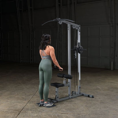 Body-Solid (GLM83) Pro LAT Machine with Low Row Bar - Multi-Position Foam Rollers, Includes 48" LAT Bar & 20" Straight Bar, Smooth Nylon Bushings